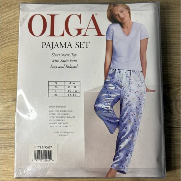 Olga Pajama Set Womens Medium Green Solid Short Sleeve Shirt Striped Satin Pants - Picture 2 of 6